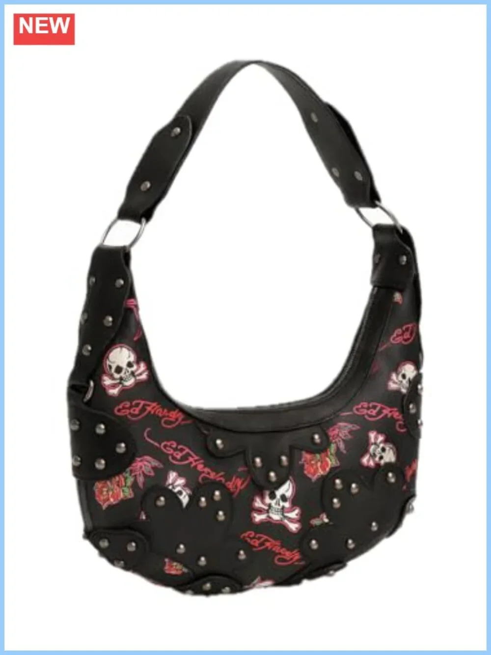 Studded Tattoo Hobo Shoulder Bag Faux Leather Zip Closure Rocker Style